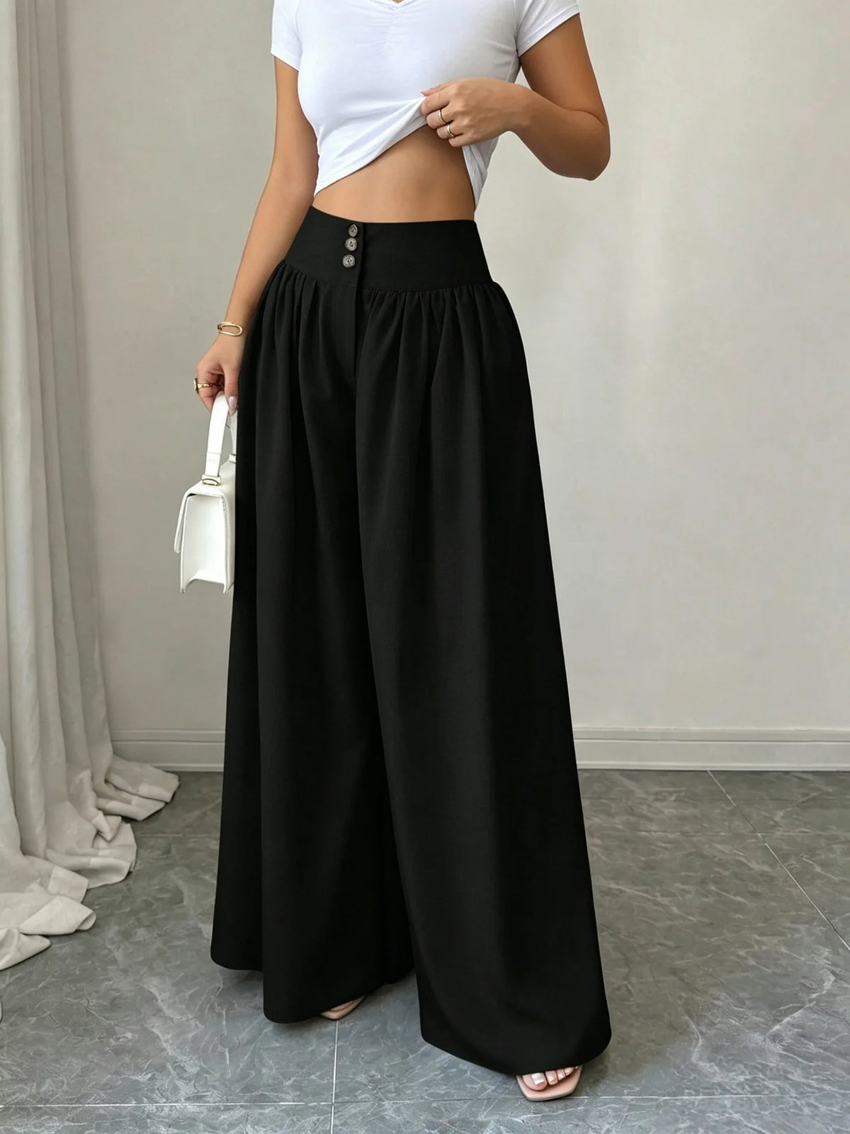 3-Button High Waist Wide-Leg Pants