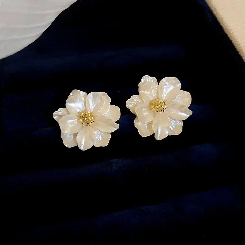 White Camellia Flower Stud Earrings