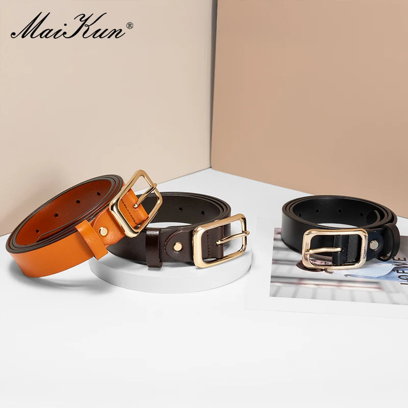 Women's Wide Leather Belt with Gold Buckle
