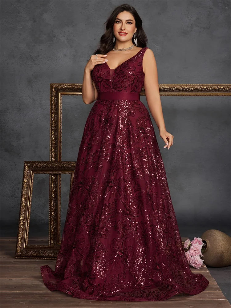 Deep V-Neck Sequin Gown (Plus Size)