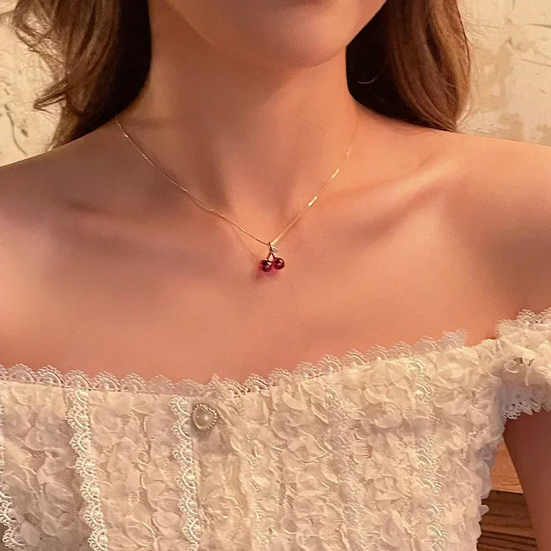 🍒 Red Cherry Pendant Necklace Earrings Set