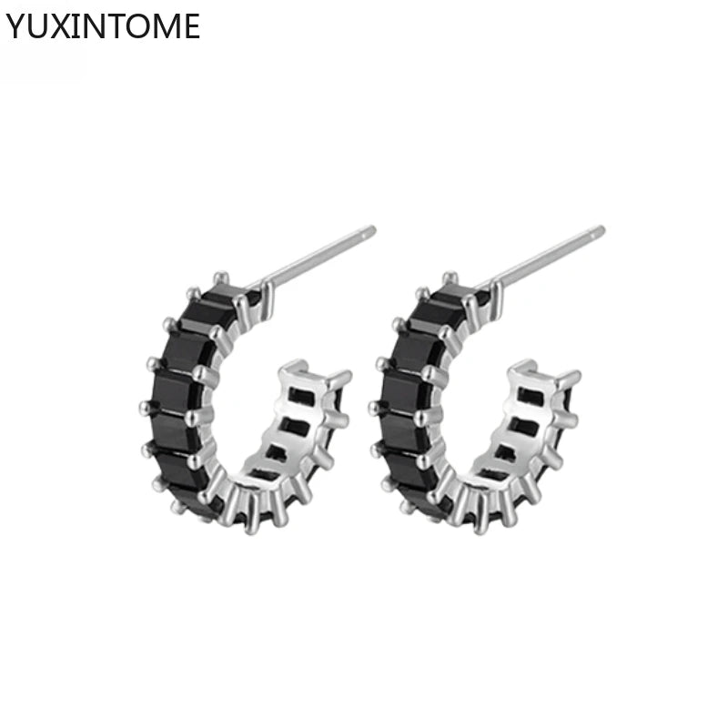 925 Silver Black Zircon Charm Hoops