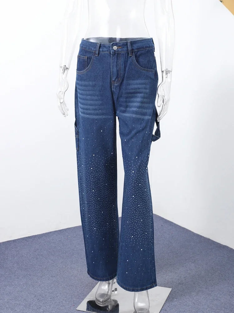 Rhinestone Low Waist Straight Jeans