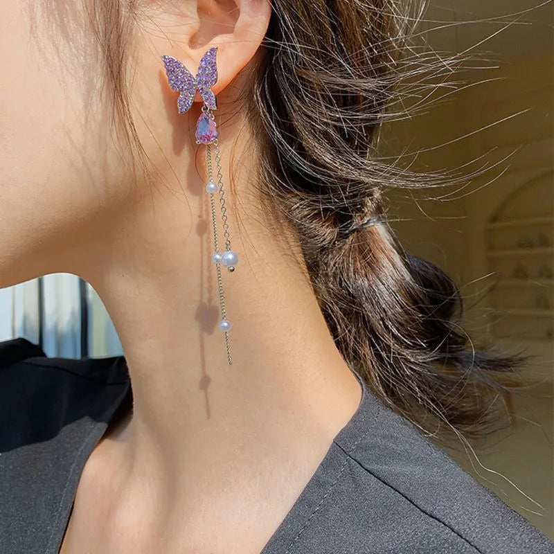 Purple Butterfly Pearl Tassel Earrings