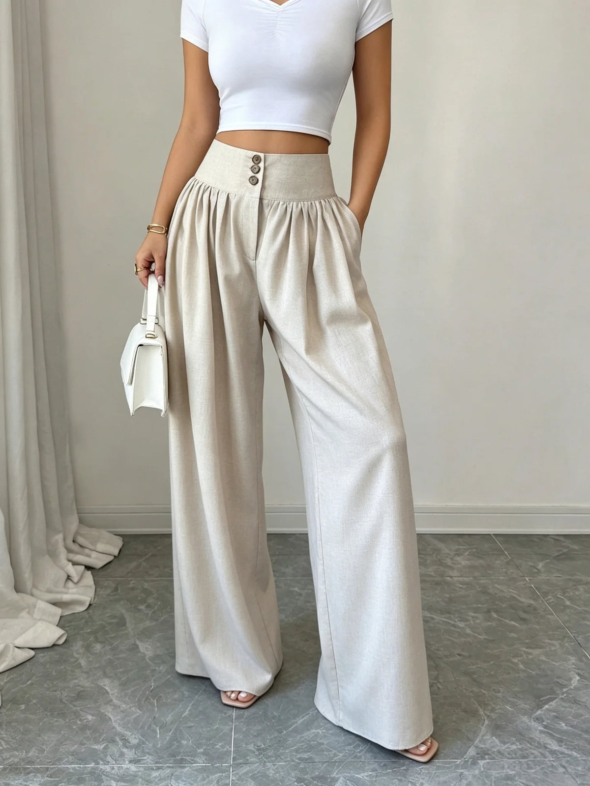 3-Button High Waist Wide-Leg Pants