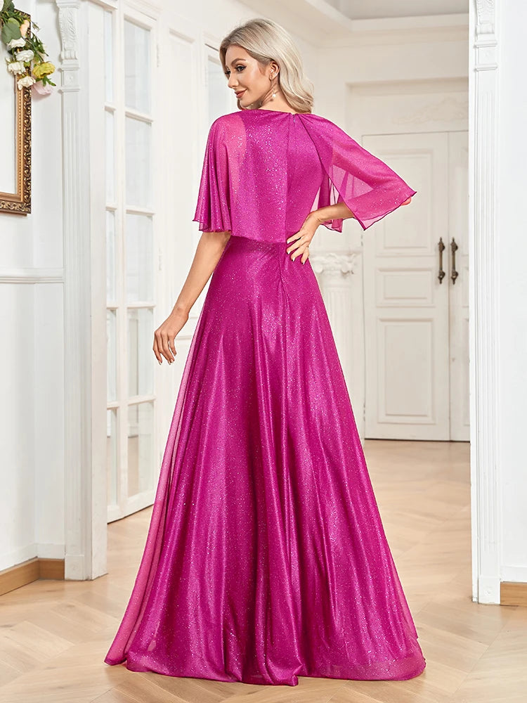 Shimmering Batwing Sleeve A-Line Gown