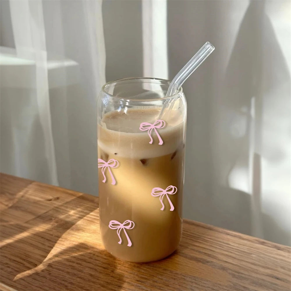 Pink Bow Glass Cup with Lid & Straw 500ml