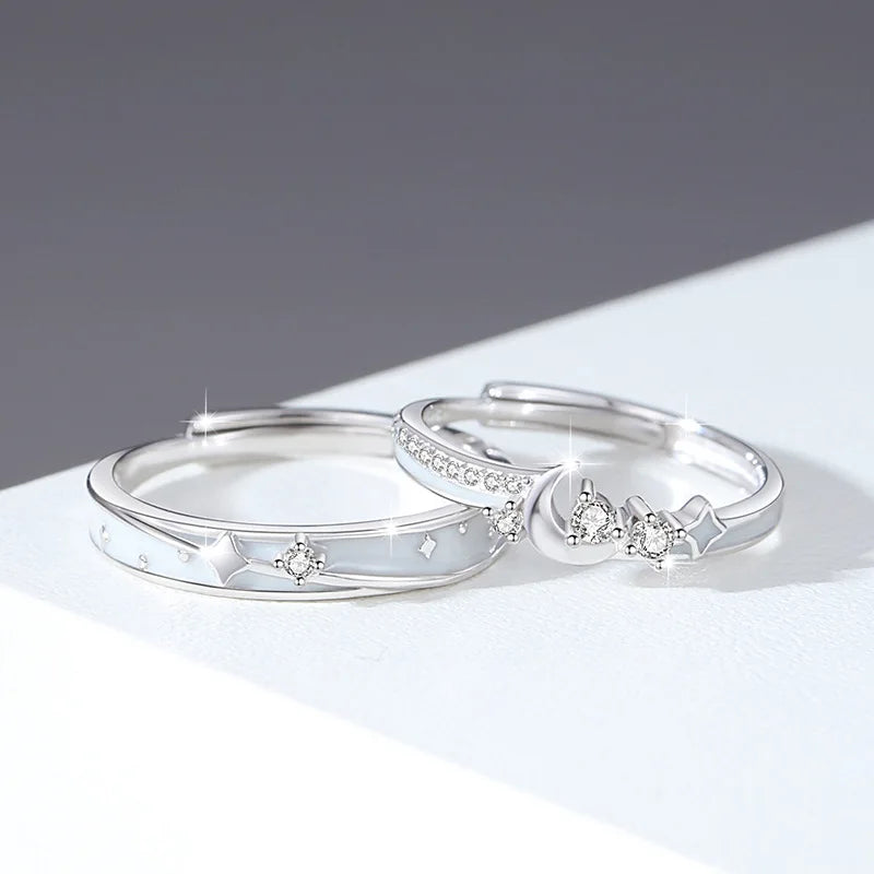 2pcs/set European 100% S925 Sterling silver AAA CZ Star Moon Noctilucent Couple Ring For Women Men Birthday Valentine's Jewelry