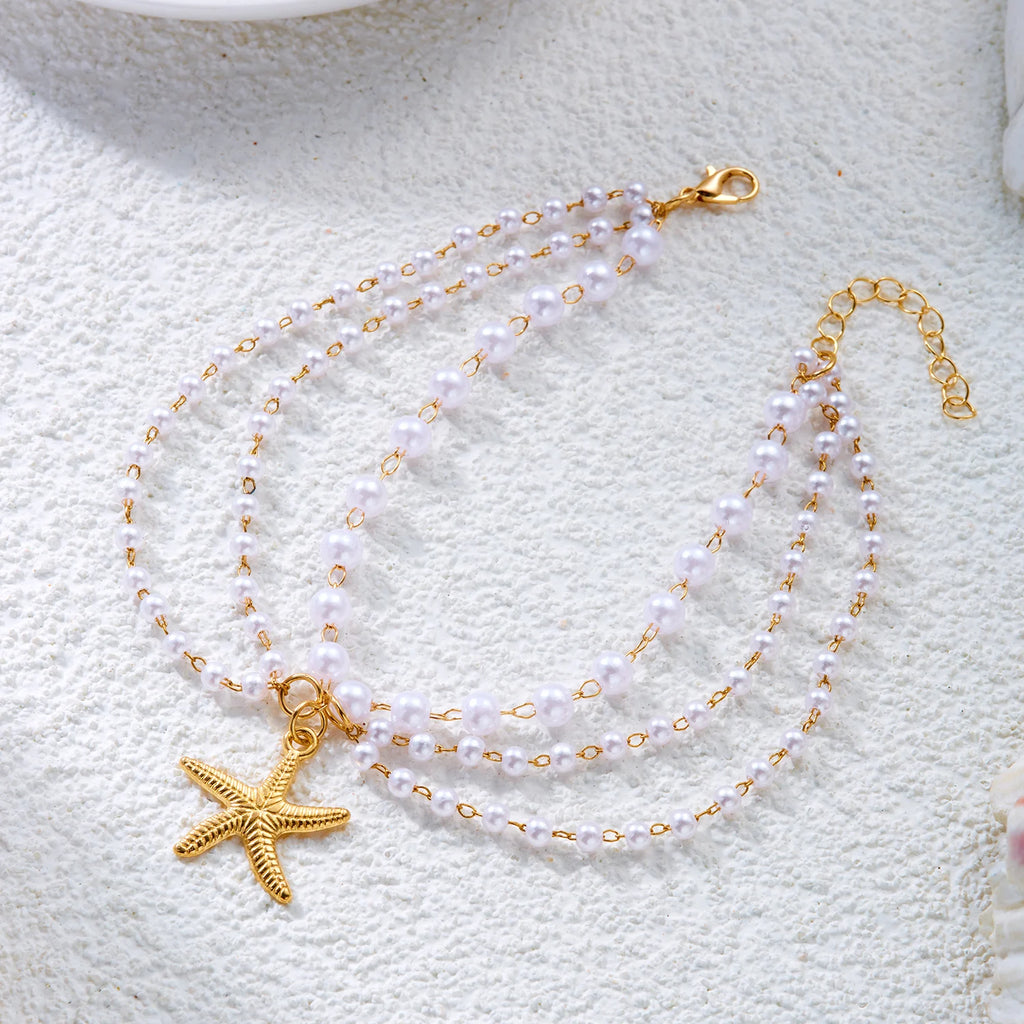 Layered Pearl & Star Tassel Anklet
