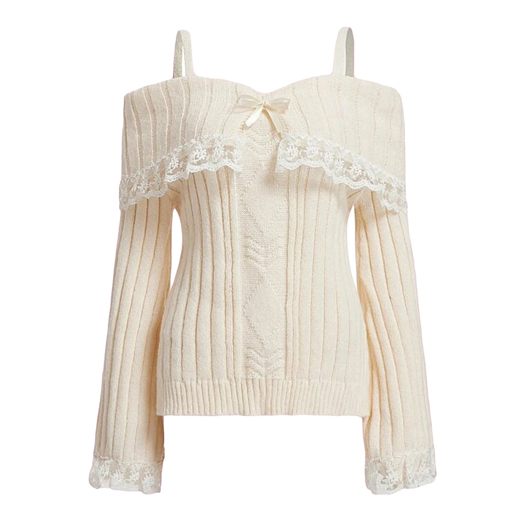 Off-Shoulder Bow Lace Knit Sweater