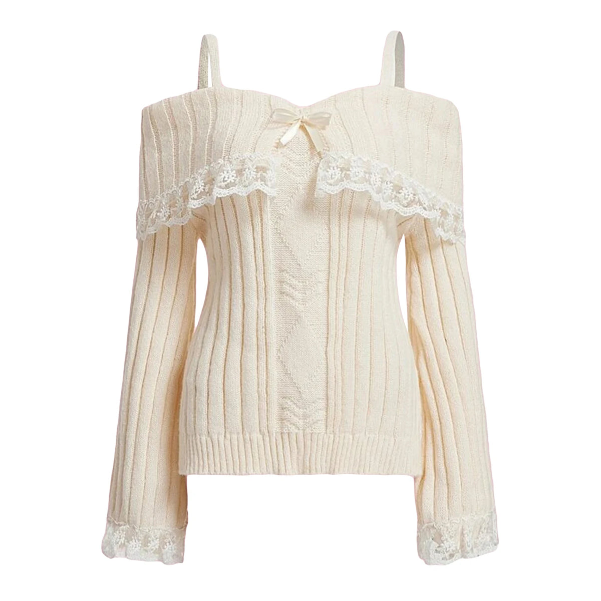 Off-Shoulder Bow Lace Knit Sweater
