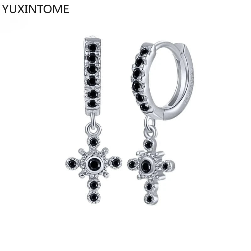 925 Silver Black Zircon Charm Hoops