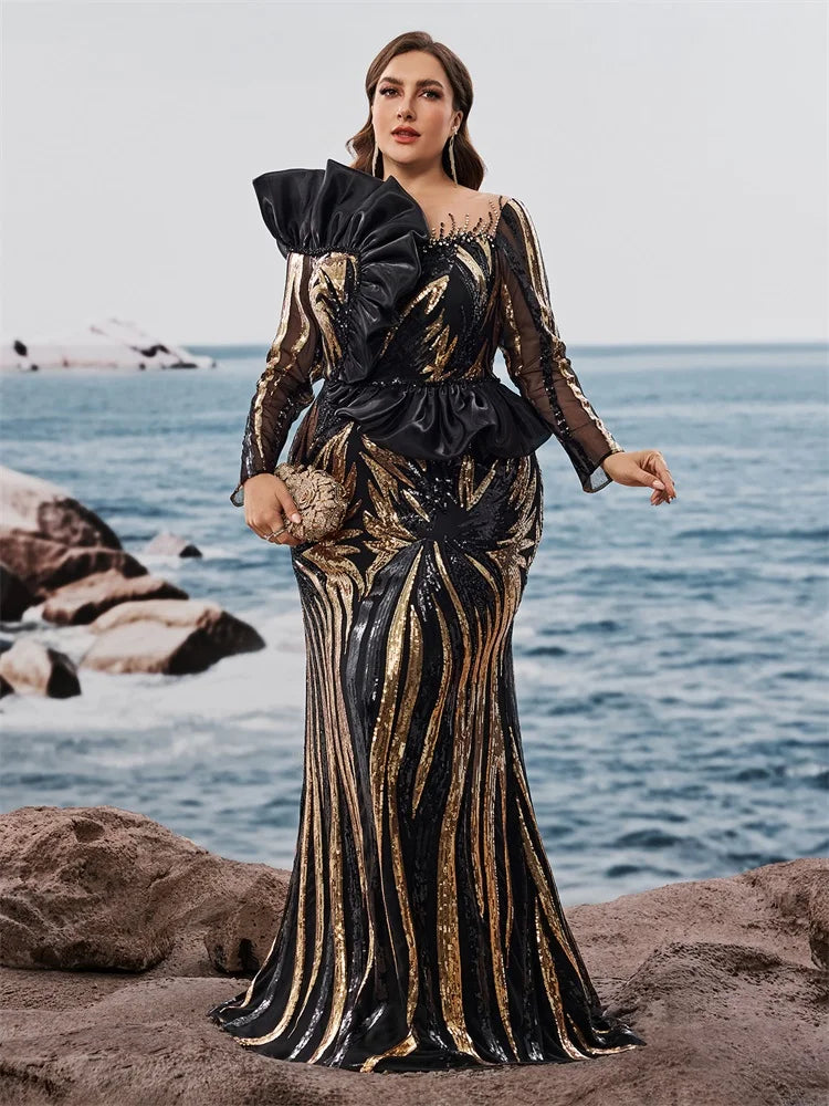 Ruffled Sequin Long Sleeve Mermaid Gown (Plus Size)