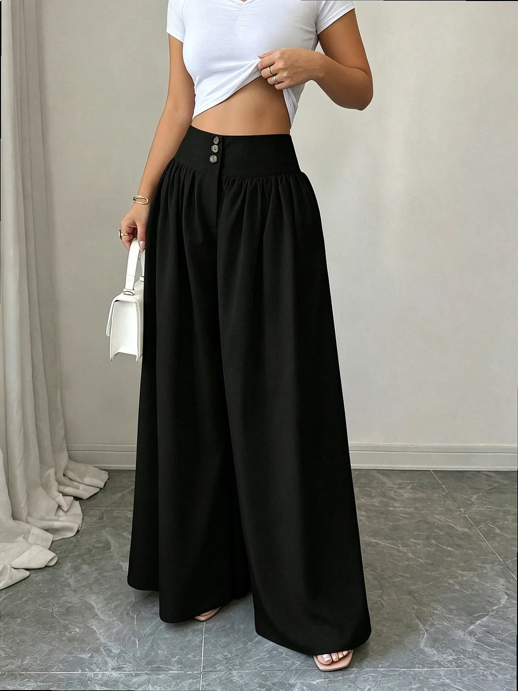 3-Button High Waist Wide-Leg Pants