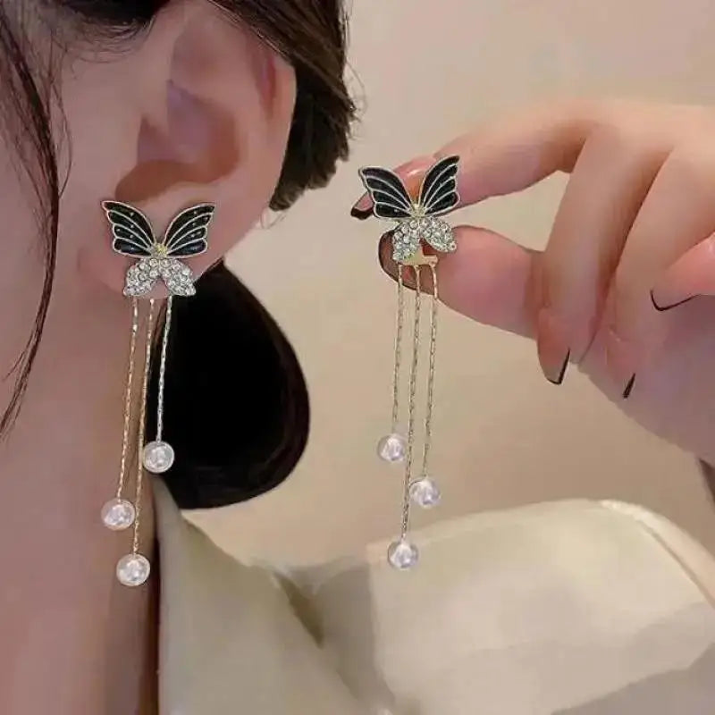 Zircon Pearl Tassel Earrings