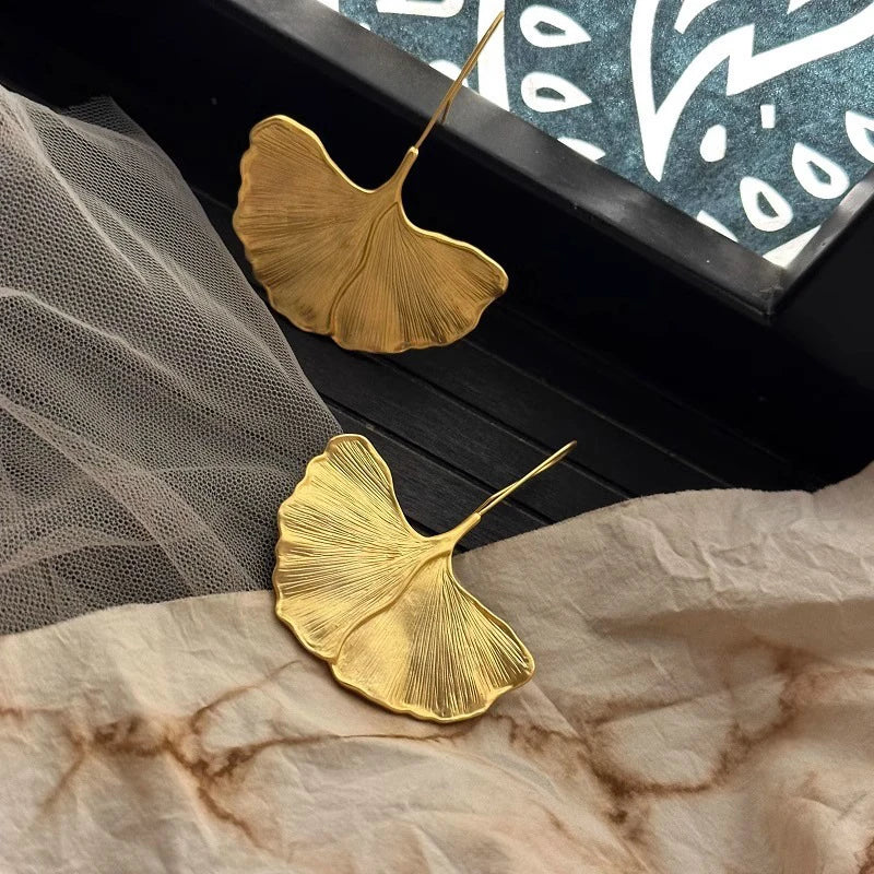 Gold Ginkgo Leaf Dangle Earrings