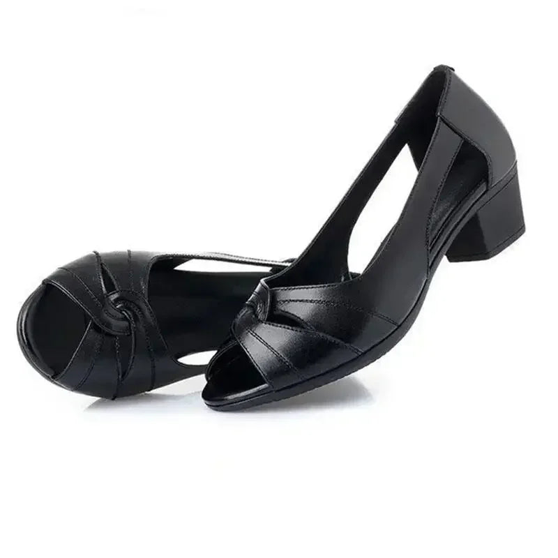 Women's Black Peep-Toe Mid Heels