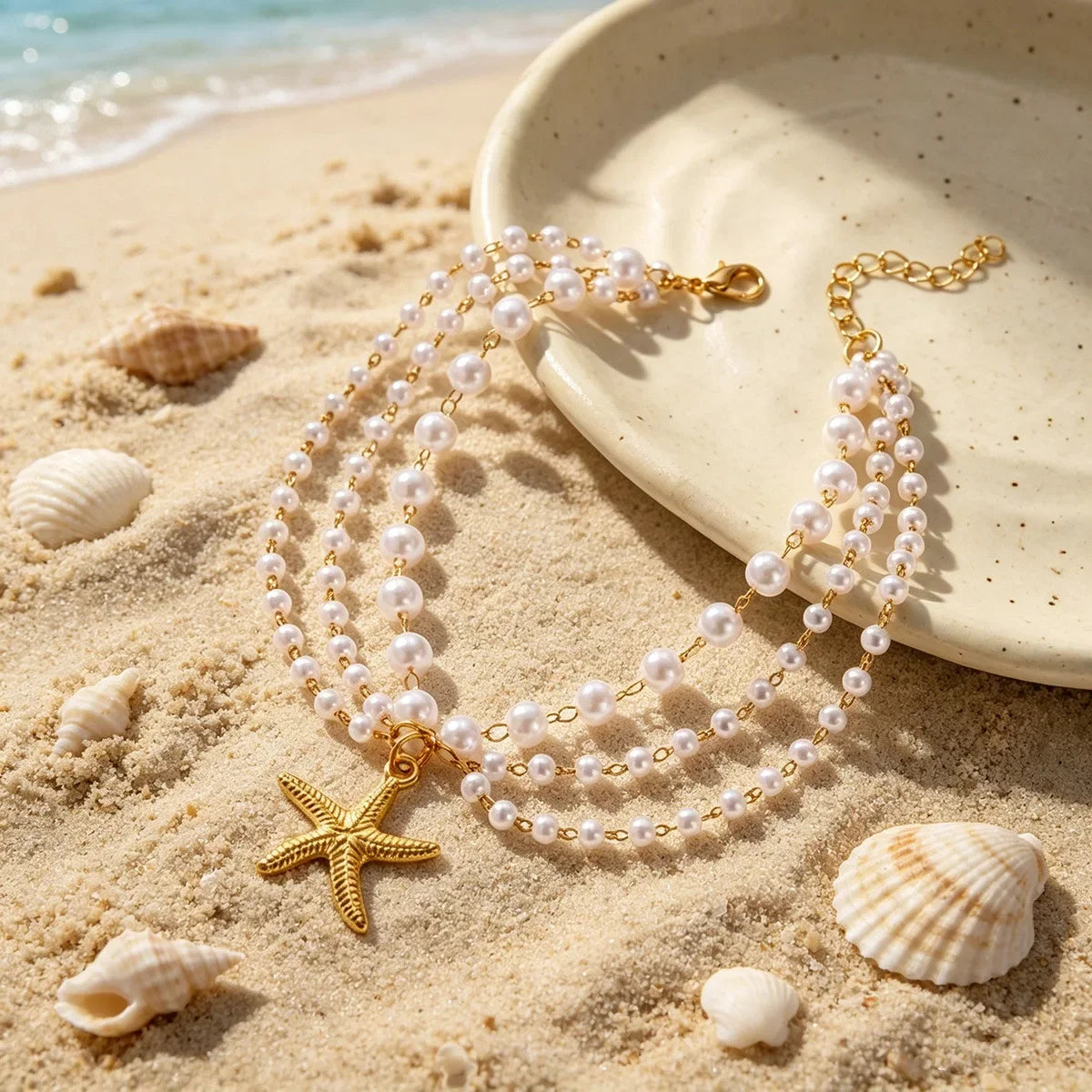 Layered Starfish Pearl Tassel Anklet