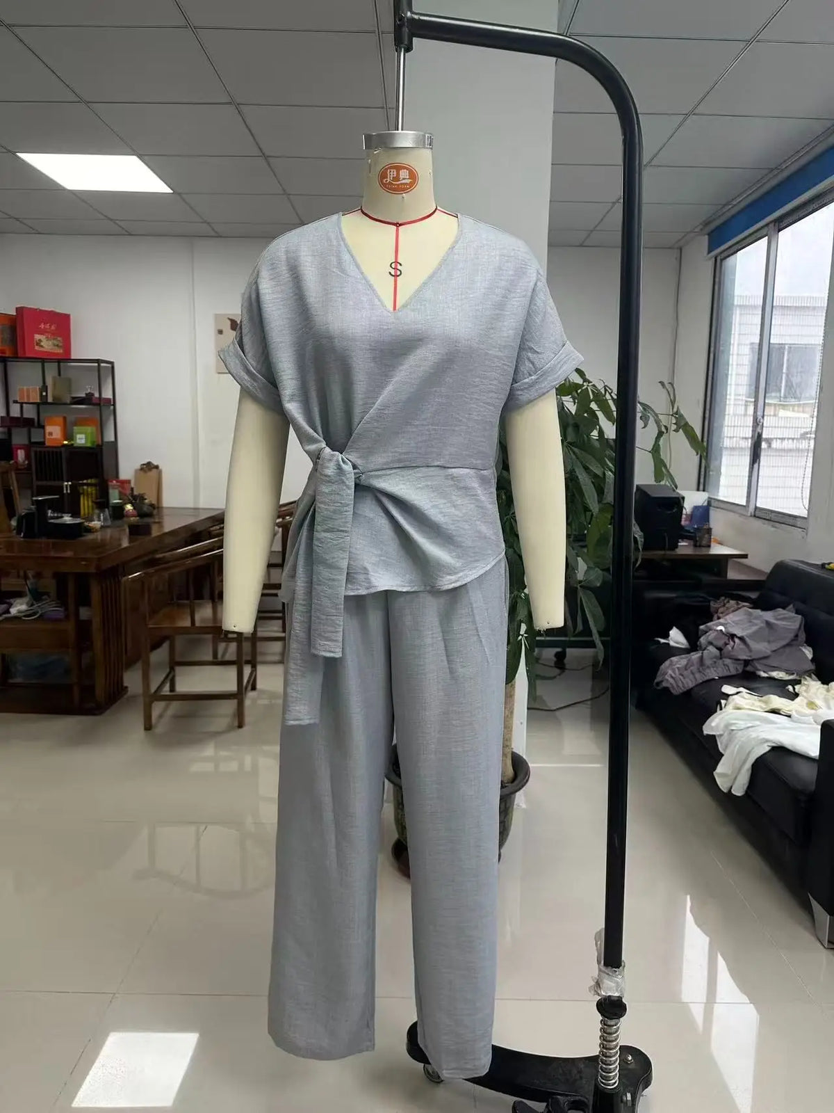 V-Neck Tie Shirt & Wide-Leg Pants Set