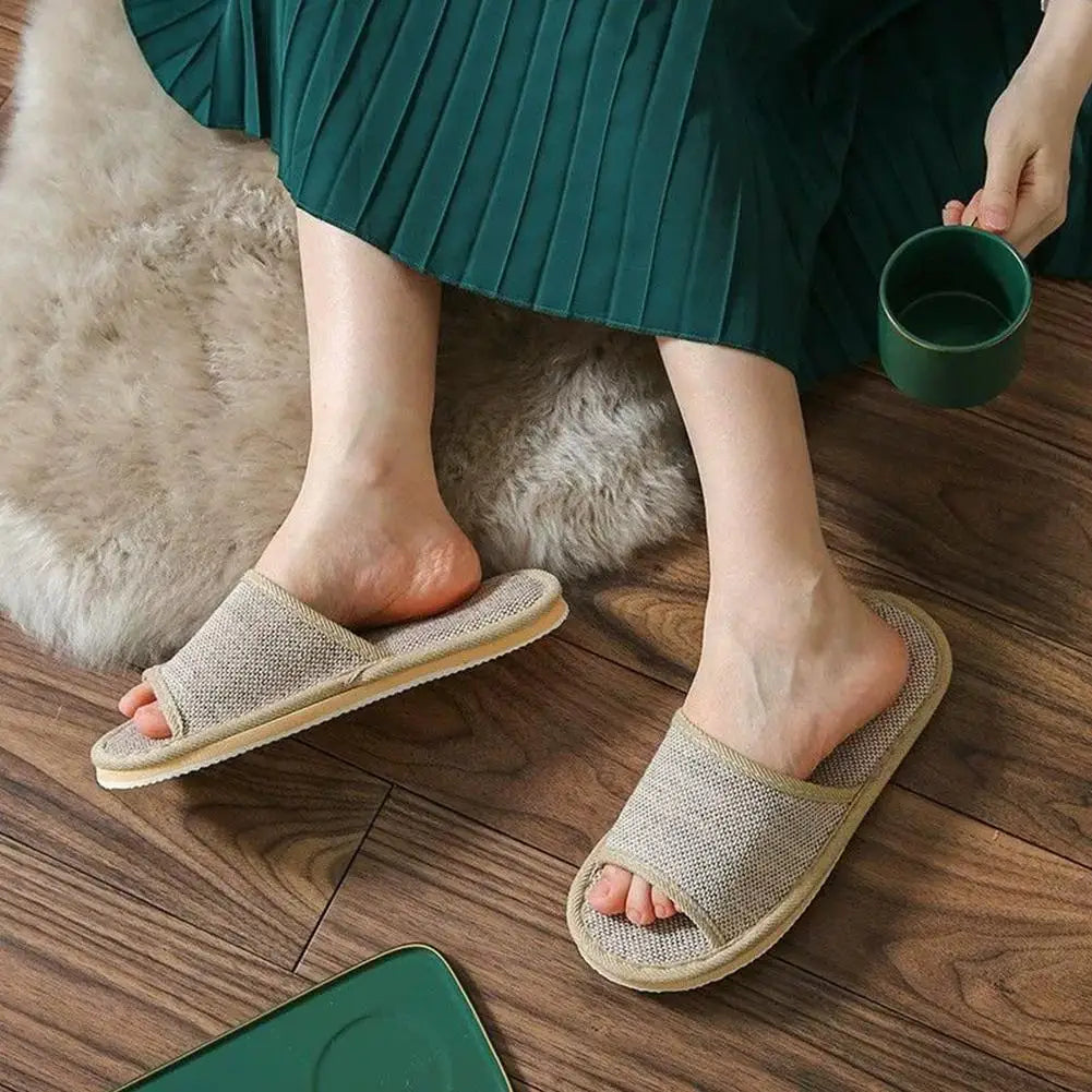 Linen Open-Toe House Slippers