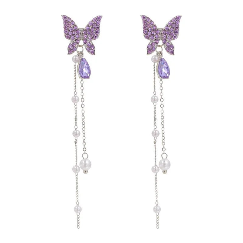 Purple Butterfly Pearl Tassel Earrings