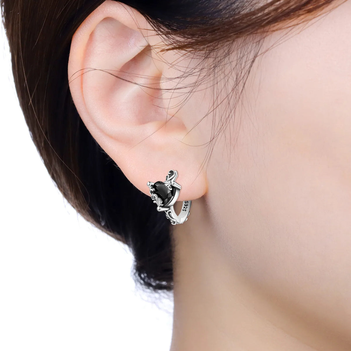 925 Silver Vine Heart Black Zircon Hoops