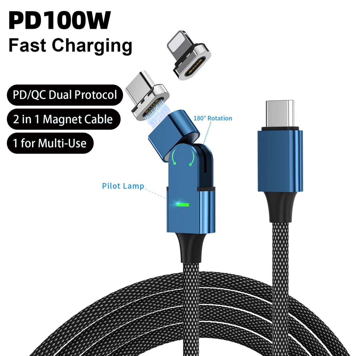 🔄 100W 180° Magnetic Charging Cable