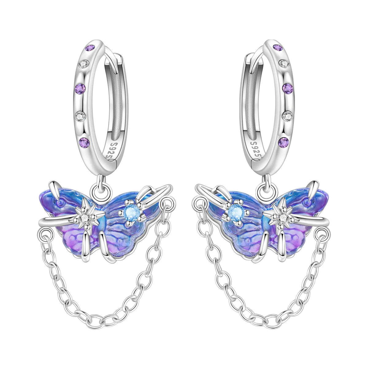925 Silver Purple Butterfly Drop Earrings