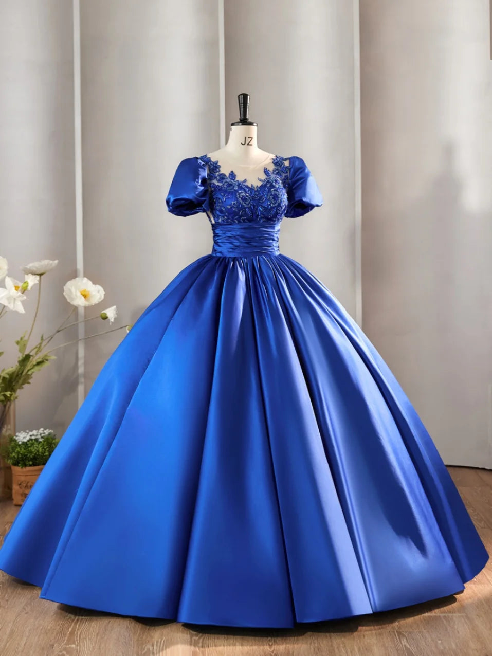 Puff Sleeve Applique Ball Gown