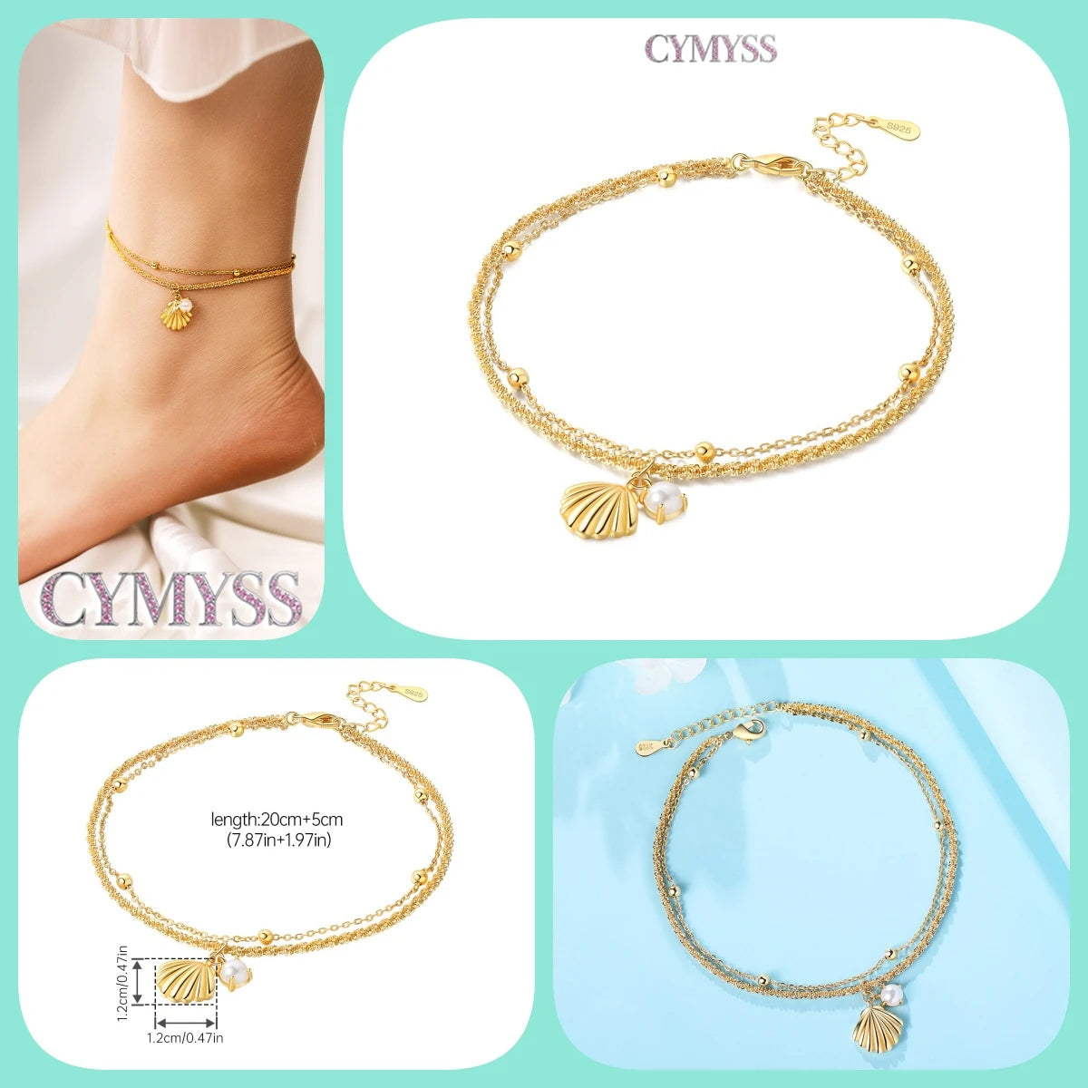 925 Silver 18K Gold CZ Layered Anklet