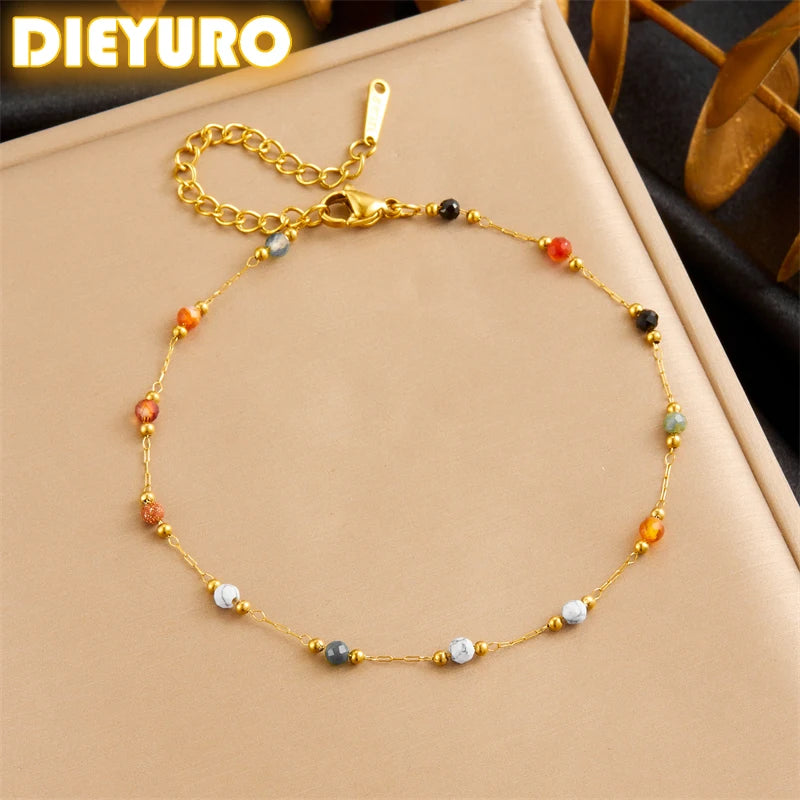 Colored Bead & Zircon Steel Anklet