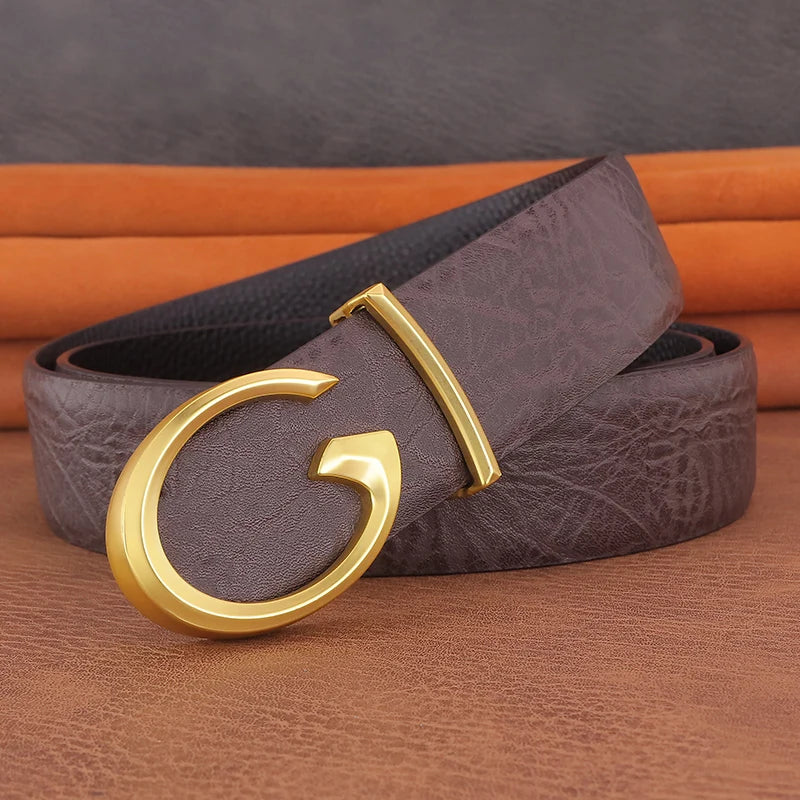 Men's Coffee Leather Belt with Smooth Buckle