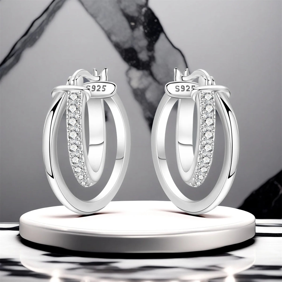 925 Silver Crossed Double Ring Earrings