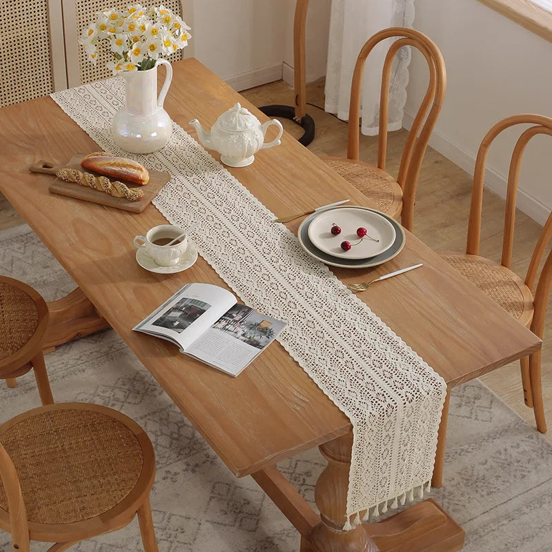 Beige Crochet Lace Table Runner