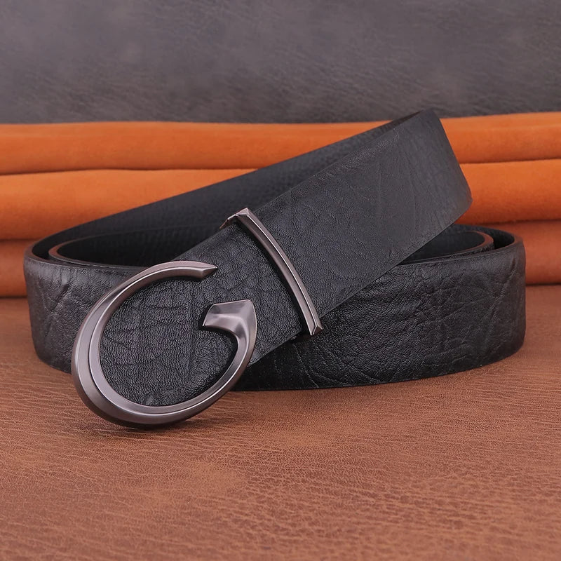 Men's Coffee Leather Belt with Smooth Buckle