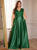 Satin V-Neck Sequin A-Line Gown (Plus Size)