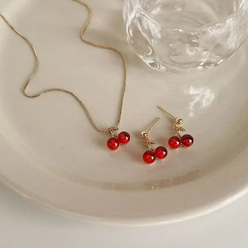 🍒 Red Cherry Pendant Necklace Earrings Set