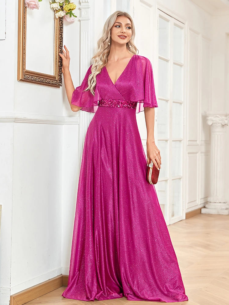 Shimmering Batwing Sleeve A-Line Gown