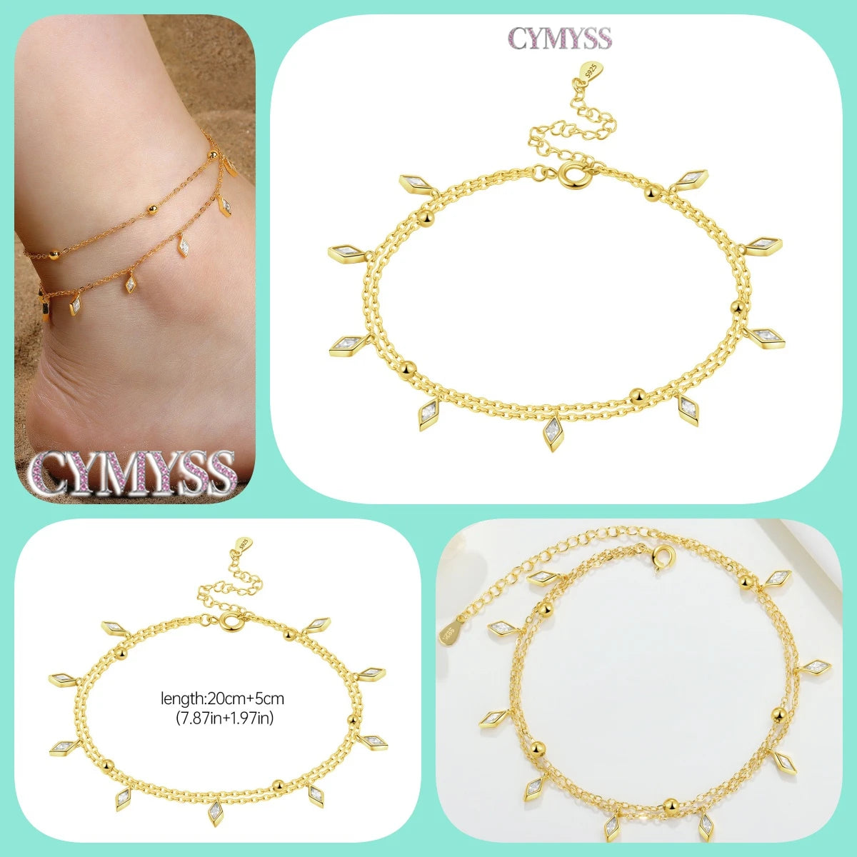 925 Silver 18K Gold CZ Layered Anklet