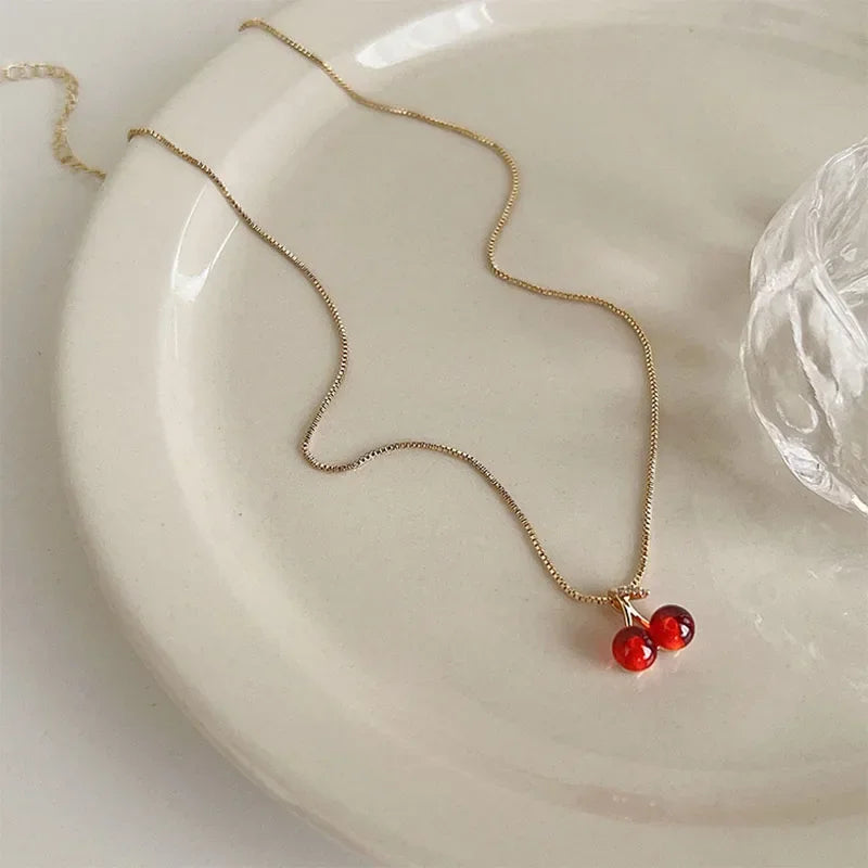 🍒 Red Cherry Pendant Necklace Earrings Set