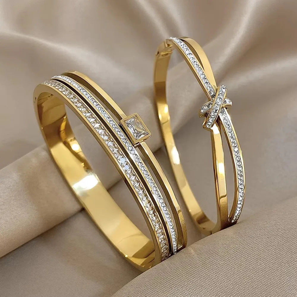 💫 Luxury Stainless Steel Rhinestone Cuff Bracelet Set