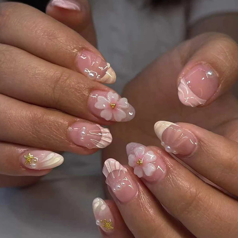 24-Piece 3D Pearl Flower Press-On Nails
