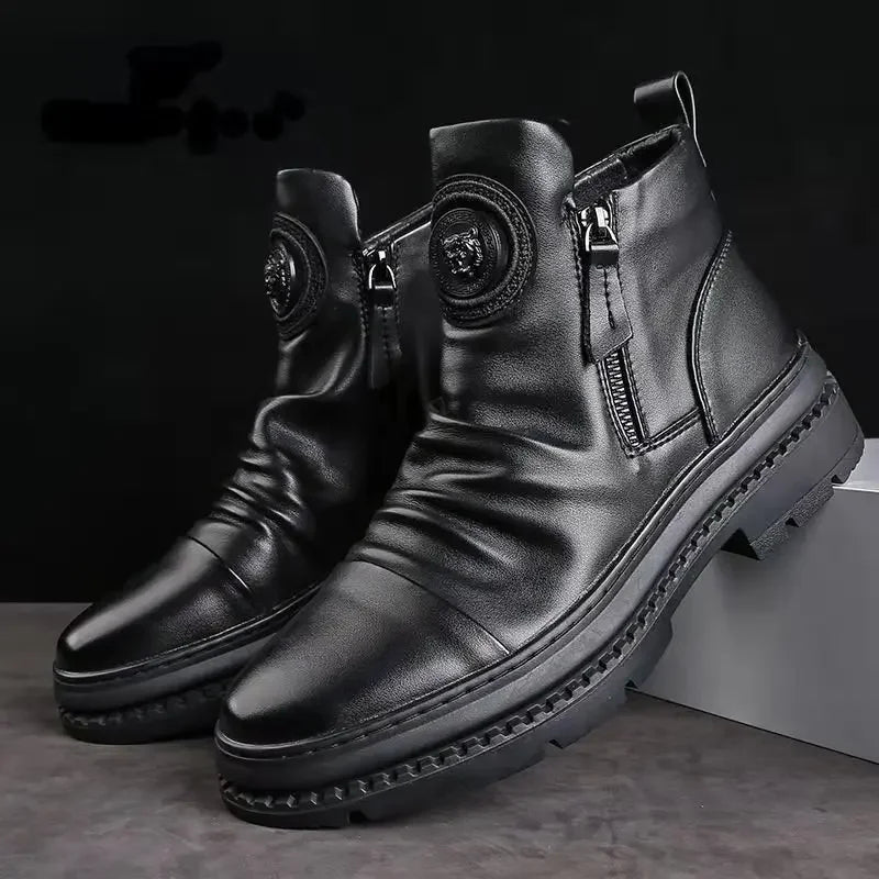 Men's Zip Leather Motorcycle Boots