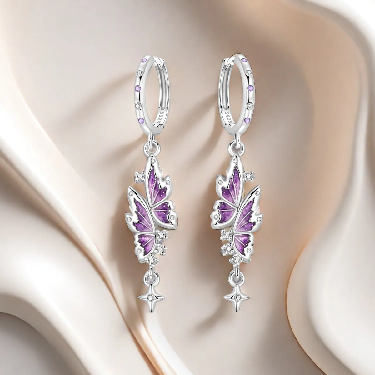 925 Silver Purple Butterfly Tassel Earrings