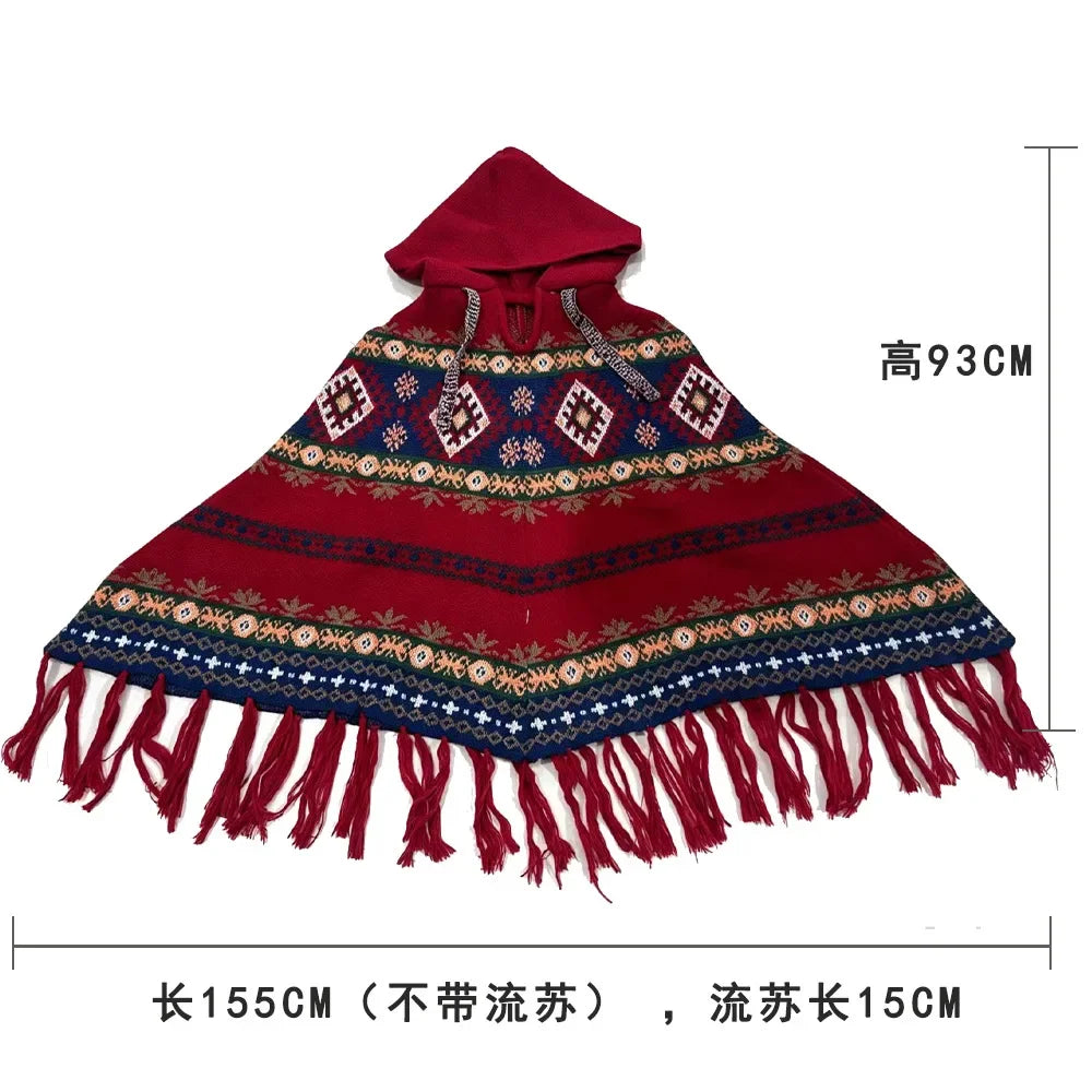 Embroidered Tassel Knit Shawl Cape