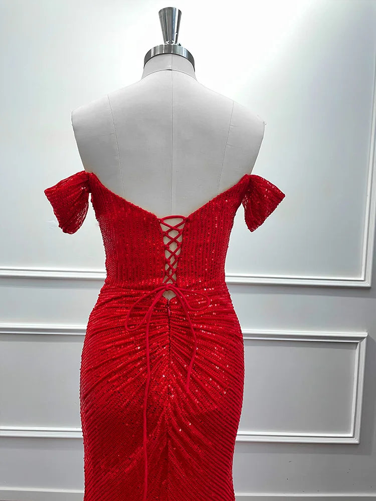 Off-Shoulder Sequin Mermaid Slit Gown