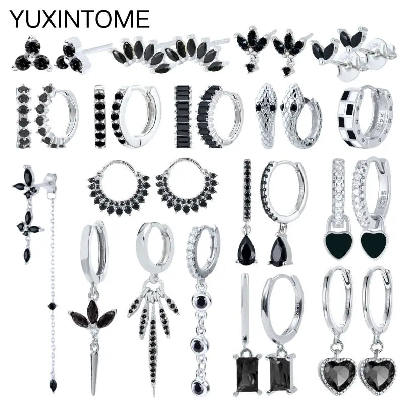 925 Silver Black Zircon Charm Hoops