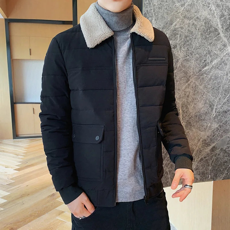 Men's Short Padded Jacket with Lamb Wool Collar