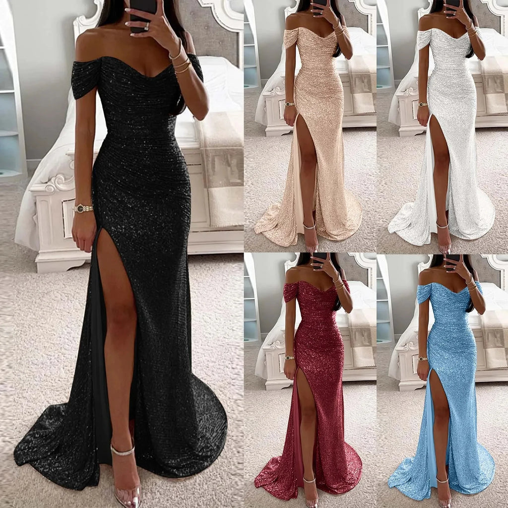 Off-Shoulder Sequin Mermaid Slit Gown