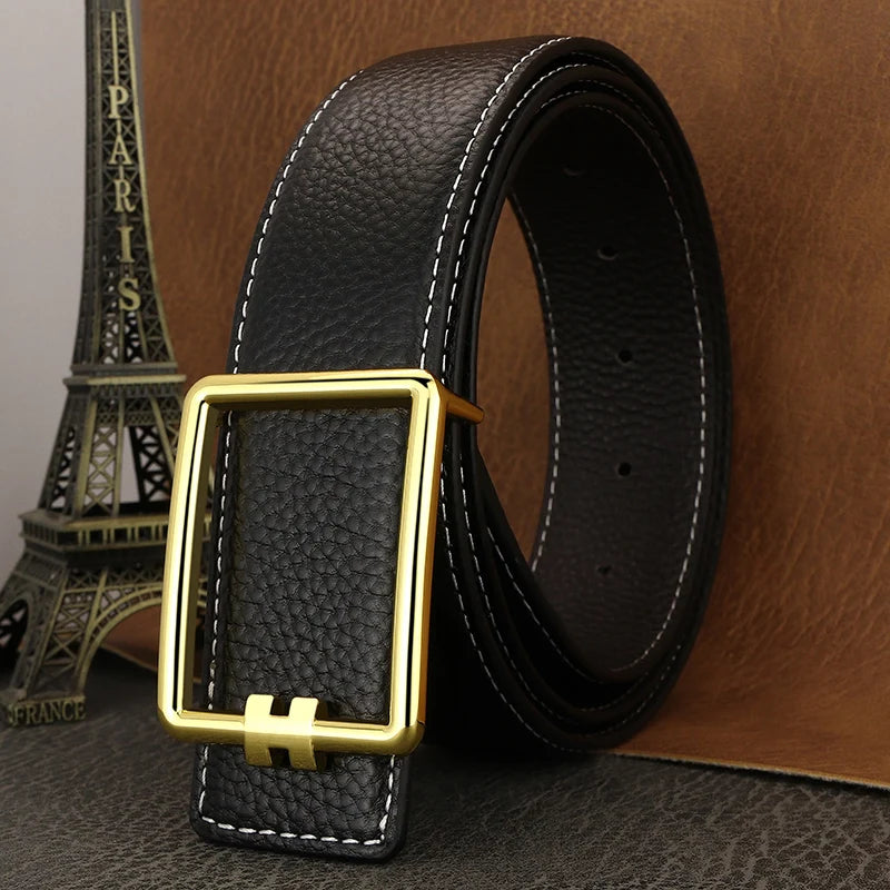 Men's Brown Leather Belt with Square Buckle